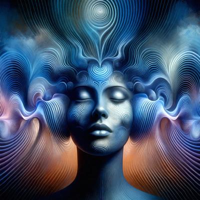 The primary subject of the image is a woman with a blue head, possibly a digital art or illustration. The setting is a space with a blue background, and the visual style is a combination of digital art and illustration. The colors and mood of the image are predominantly blue, creating a calm and serene atmosphere.